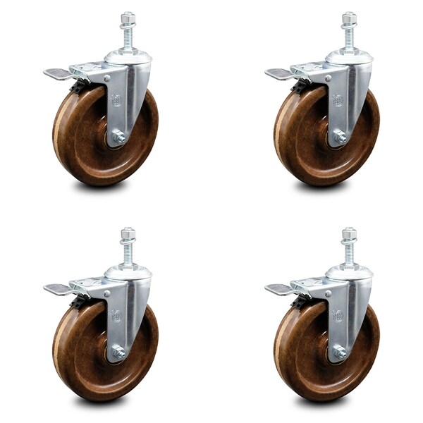 Service Caster 5 Inch High Temp Phenolic Swivel 3/8 Inch Stem Caster Set with Total Lock Brake SCC-TSTTL20S514-PHRHT-381615-4 - main